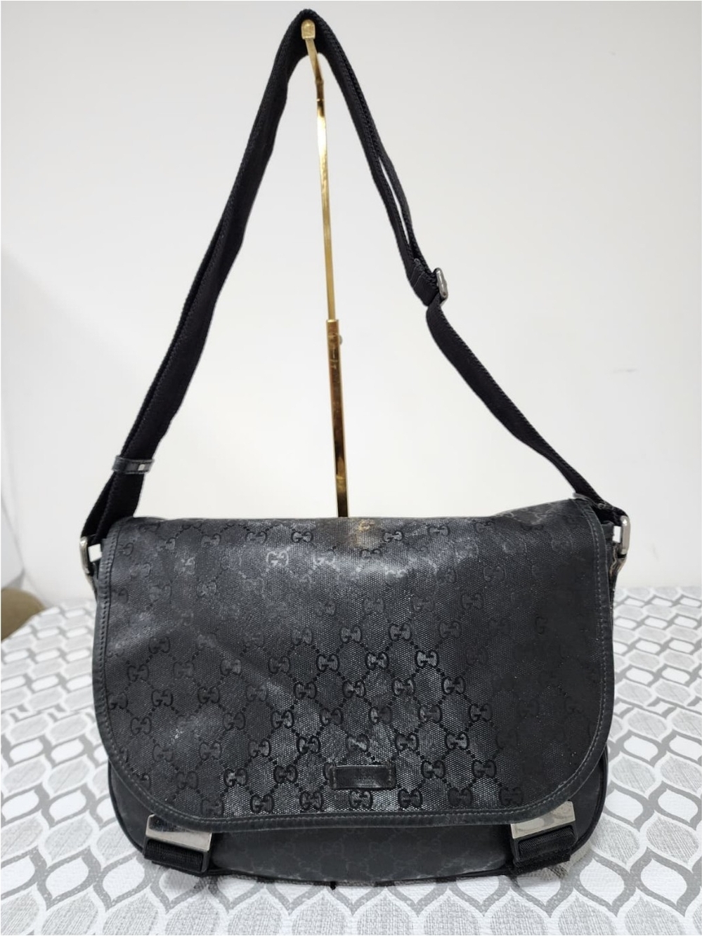 GUCCI Imprime Monogram Medium Double Buckle Flap Messenger Bag Black